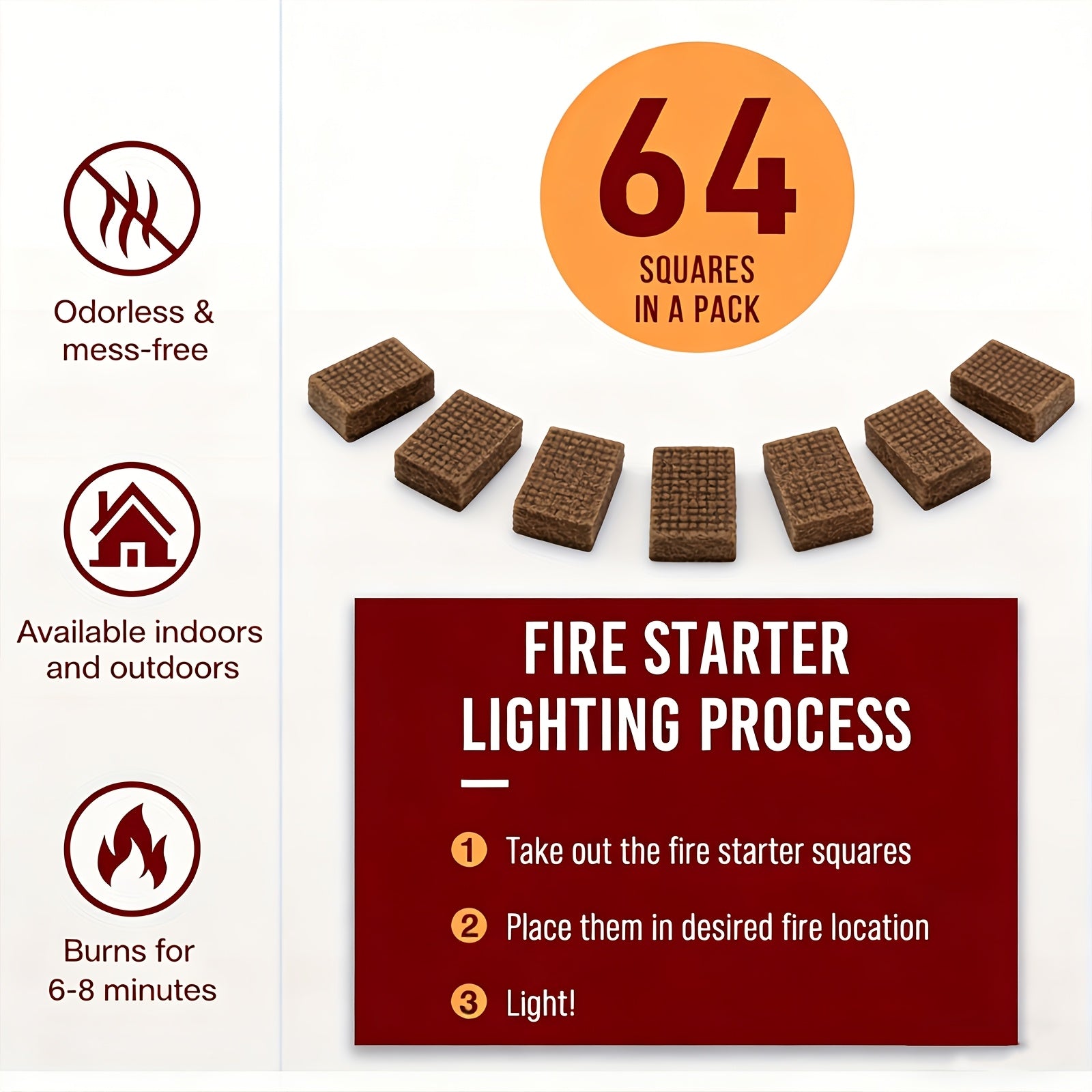 64-Pack Fire Starter Squares - Odorless, Fire Starters for Fireplace, Grill, Camping & Wood Stove - Safe, Long-Lasting Ignition for Any Outdoor Fire