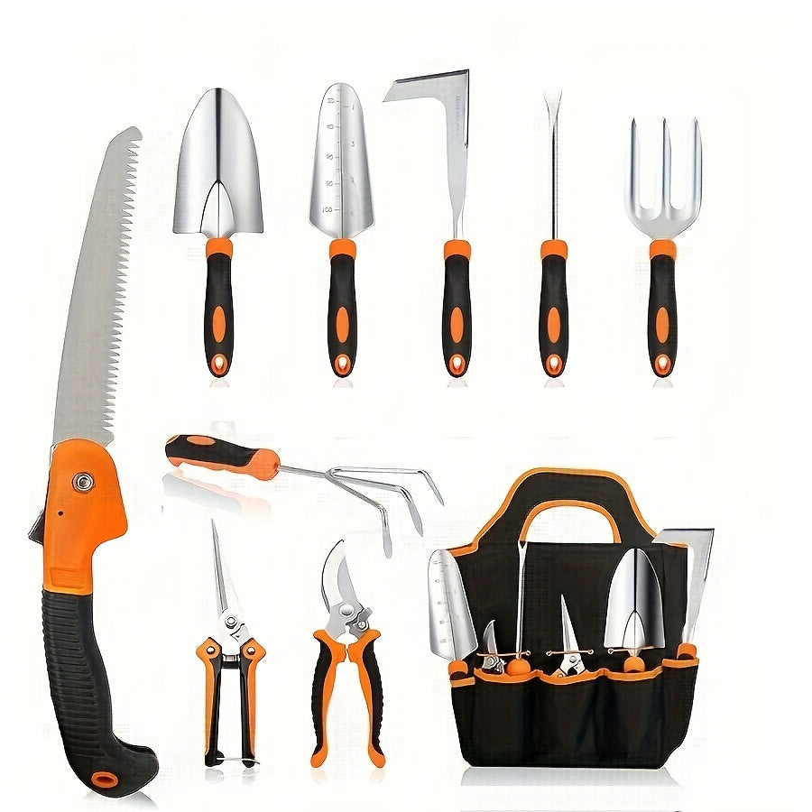 Garden Tool Set, Stainless Steel Heavy Duty Gardening Tool Set, Heavy Duty 10pcs Yard Tools with Non-Slip Handles, Gift Tote Bag Included, Halloween, Christmas Gifts