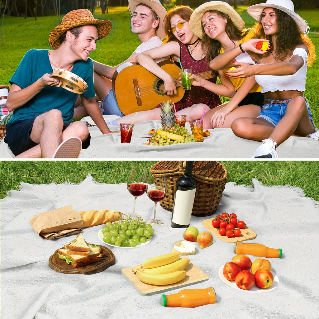 91 X 71 Extra Large Outdoor Picnic Blanket Woven Cotton Yarn Oversize Beach Blanket with Fringe Bohemian Machine Washable Sandproof Portable for Spring Summer Camping Beach (White) Non-Food Direct Contact