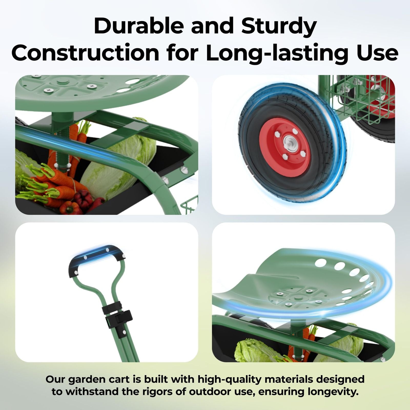 Heavy-Duty Rolling Garden Cart with 360-Degree Swivel Seat on Wheels, Adjustable Steering Handle, And Utility Tool Tray for Planting, Weeding, And Outdoor Gardening Tasks