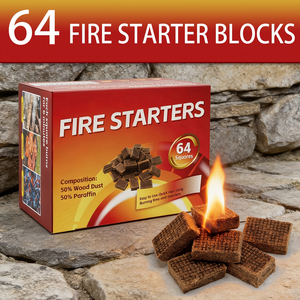 64-Pack Fire Starter Squares - Odorless, Fire Starters for Fireplace, Grill, Camping & Wood Stove - Safe, Long-Lasting Ignition for Any Outdoor Fire