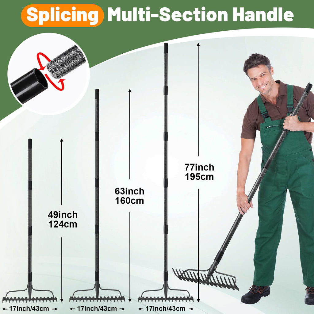 Heavy Duty Adjustable 49/63/77 Inch Garden Rake - 17-Tine Rustproof Metal Leaf Rake for Loosening Soil, Gathering Mulch, Leveling Rocks & Thatch - 17" Wide Yard Tool for Grass Care & Outdoor Maintenance