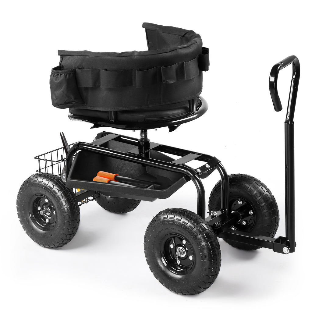 Garden Seat Cart 35.04*29.13*23.62inch, Black, Iron, with Backrest and Seat Cushion, Telescopic Handle, for Courtyard, Outdoor, Easy Planting, Gardening Tools, Garden