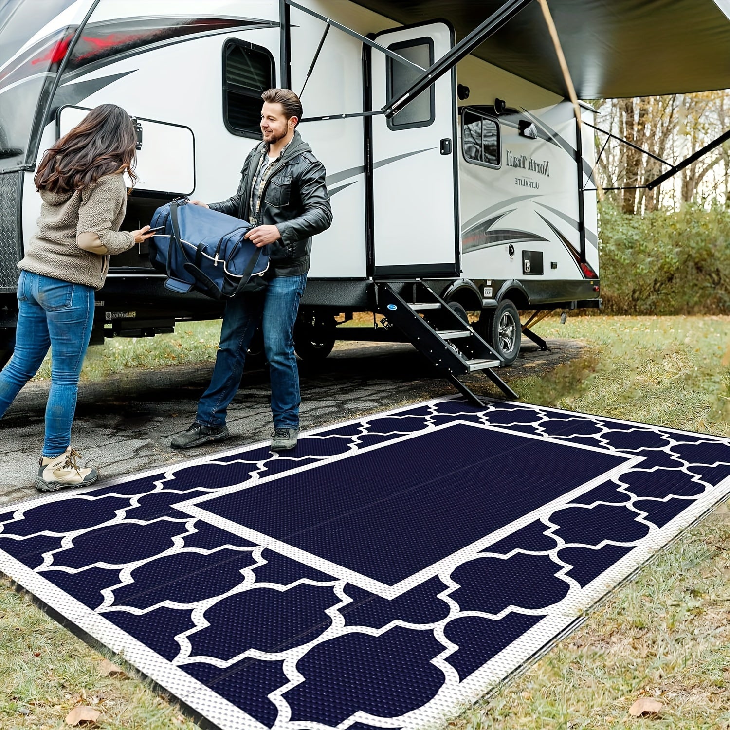 Outdoor Rug for Patio, Large Mat, Reversible Plastic Camping Rugs, Porch, Deck, Camper, Balcony, Backyard, Black And White