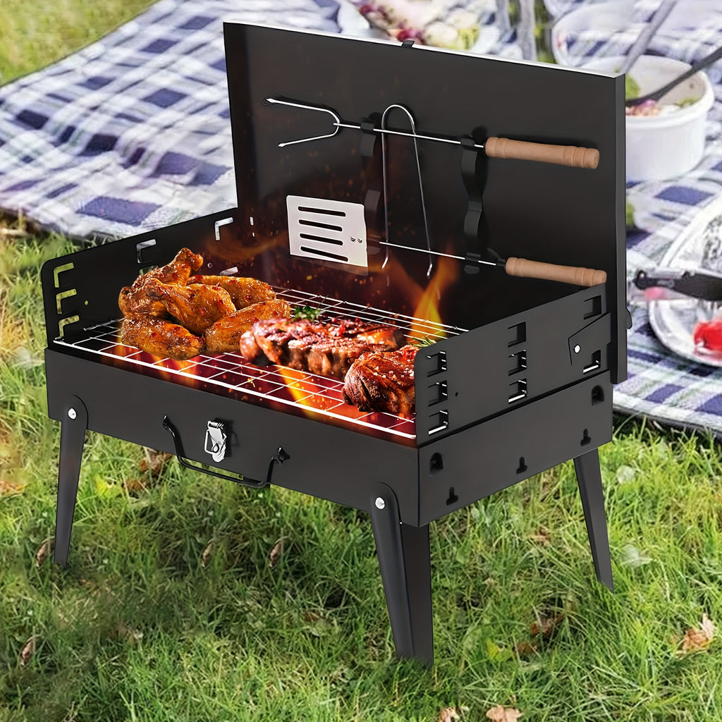Backyard Buddy, Portable Charcoal Grill with Hood - Compact folding grill for outdoor picnics and backyard cooking, accessories included.