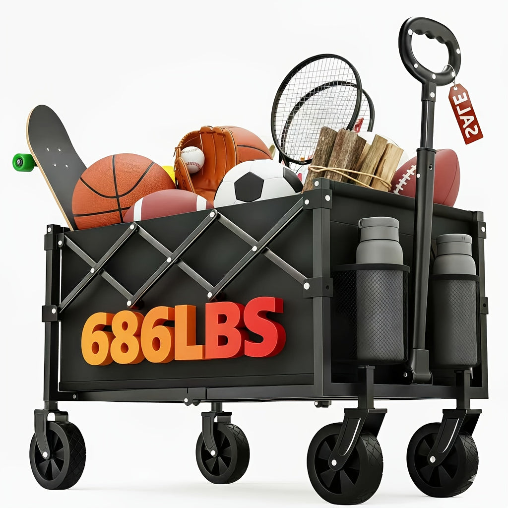 Large-capacity Heavy-duty All-terrain Folding Cart - Stainless Steel Frame And 600D Oxford Fabric, Foldable Multifunctional Wagon, Suitable for Camping, Gardening, Beach, Shopping No Assembly Required, Black, Garden Tool Holder, Sturdy Handle Design
