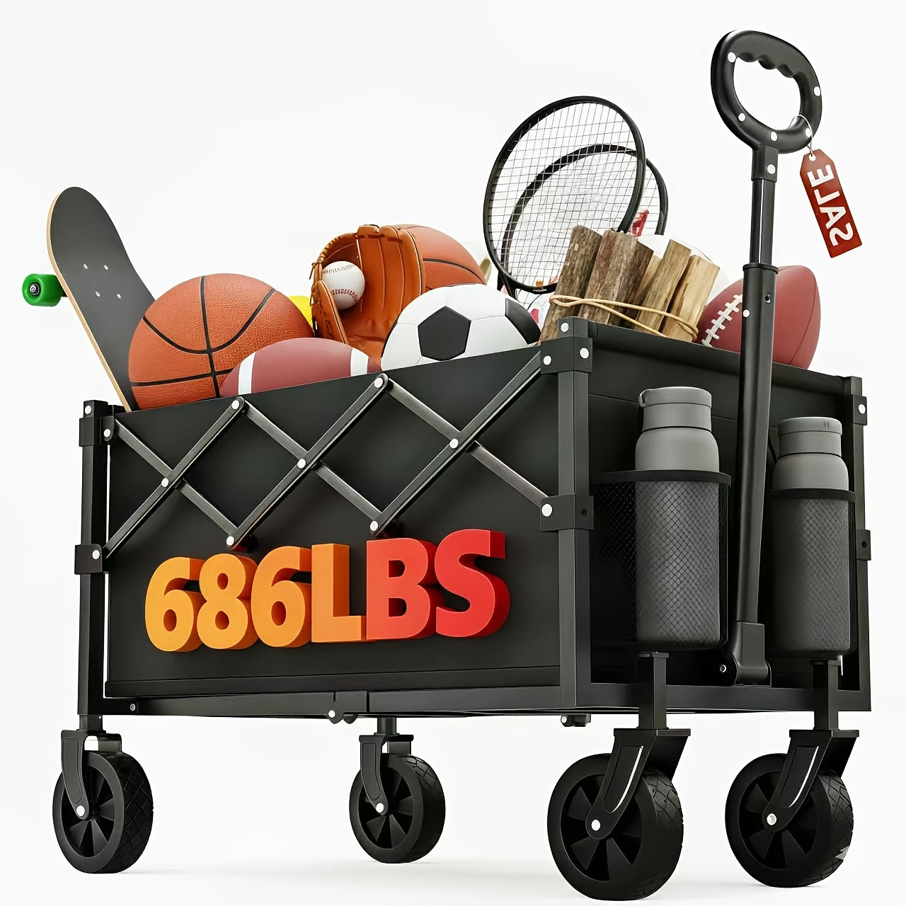 Large-capacity Heavy-duty All-terrain Folding Cart - Stainless Steel Frame And 600D Oxford Fabric, Foldable Multifunctional Wagon, Suitable for Camping, Gardening, Beach, Shopping No Assembly Required, Black, Garden Tool Holder, Sturdy Handle Design