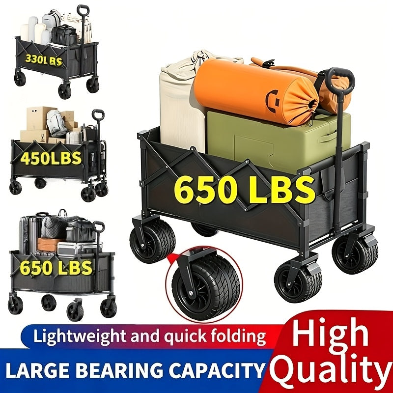 Heavy Duty Folding Garden Cart 350LBS 550LBS 650LBS Weight Capacity Multi Purpose Utility Wagon with Full Portable Tires and Transport Rack for Beach Garden Camping Shopping Sports