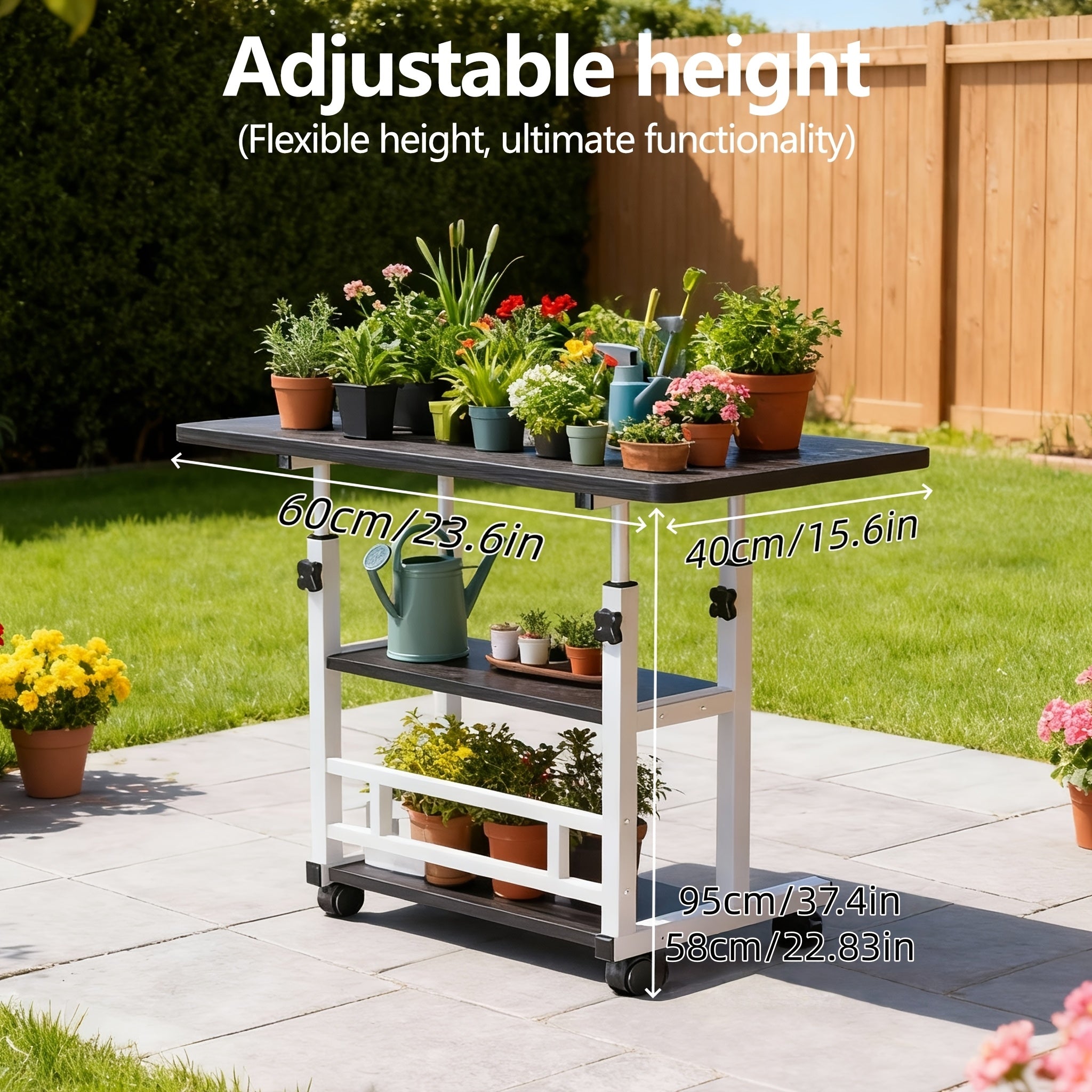 Sturdy Adjustable Height Versatile Garden Workbench |Metal Structure, Spacious Work Surface, Equipped with Lockable Wheels, Ideal for Office, Bedroom, Patio, Gardening, Long-Lasting And Easy to Maintain Design, Plant Stand, Outdoor Garden Table