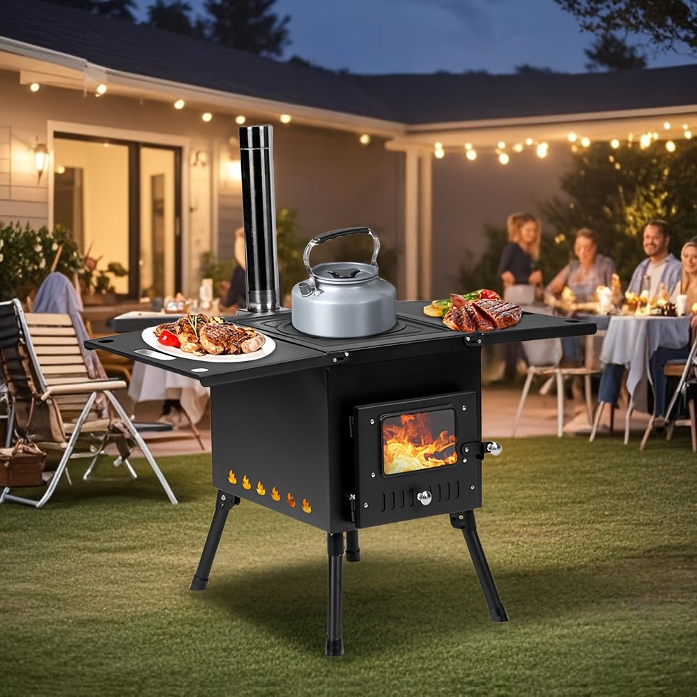 Camping Wood Stove, Outdoor Portable Tent Wood Burning Stove with Stainless Chimney Pipes, Tent Stove Jack & Gloves for Outdoor Camping Cooking And Heating (Black)