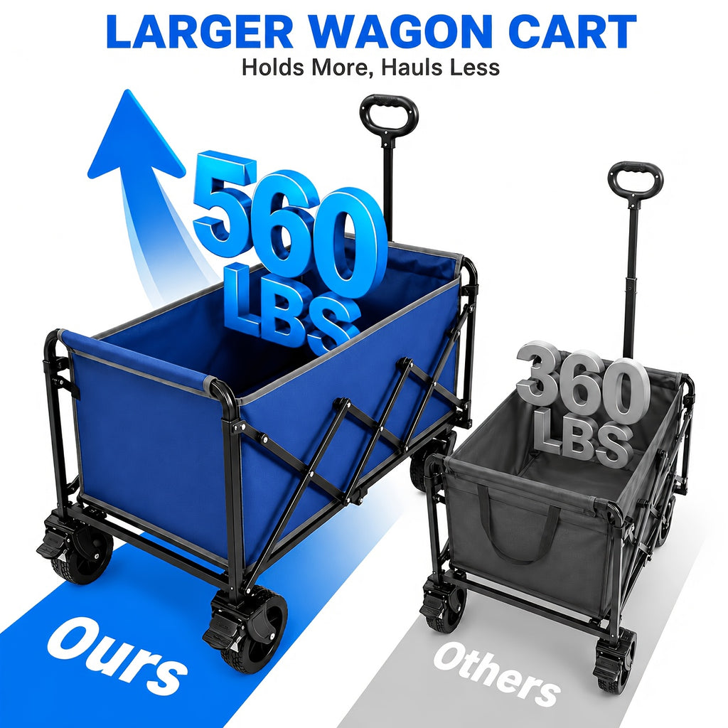 560 LBS Heavy Duty Collapsible Wagon Cart with All-Terrain Wheels, Foldable Outdoor Utility Wagon with 2 Cup Holders for Camping, Beach, Garden, Shopping & Travel