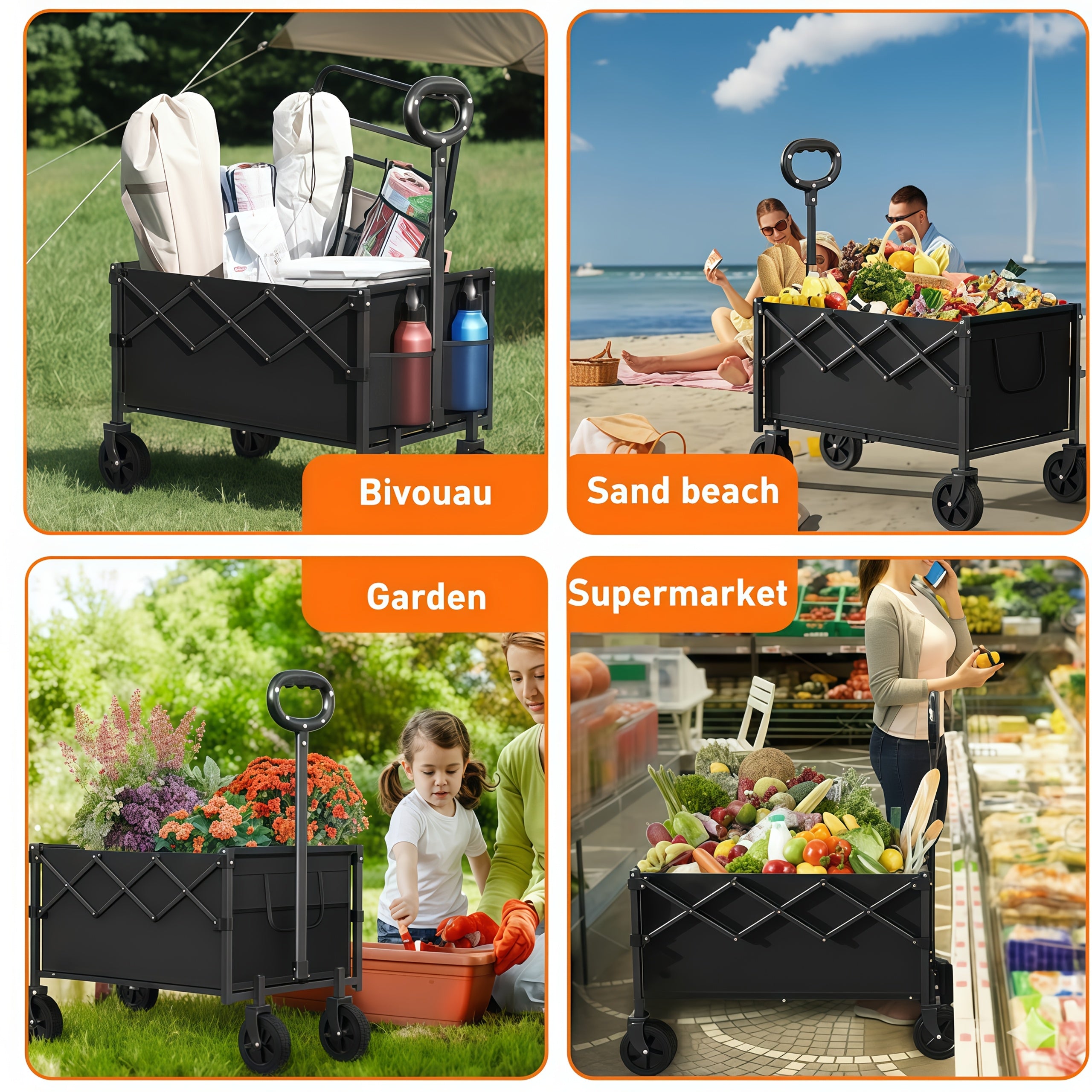 Large-capacity Heavy-duty All-terrain Folding Cart - Stainless Steel Frame And 600D Oxford Fabric, Foldable Multifunctional Wagon, Suitable for Camping, Gardening, Beach, Shopping No Assembly Required, Black, Garden Tool Holder, Sturdy Handle Design
