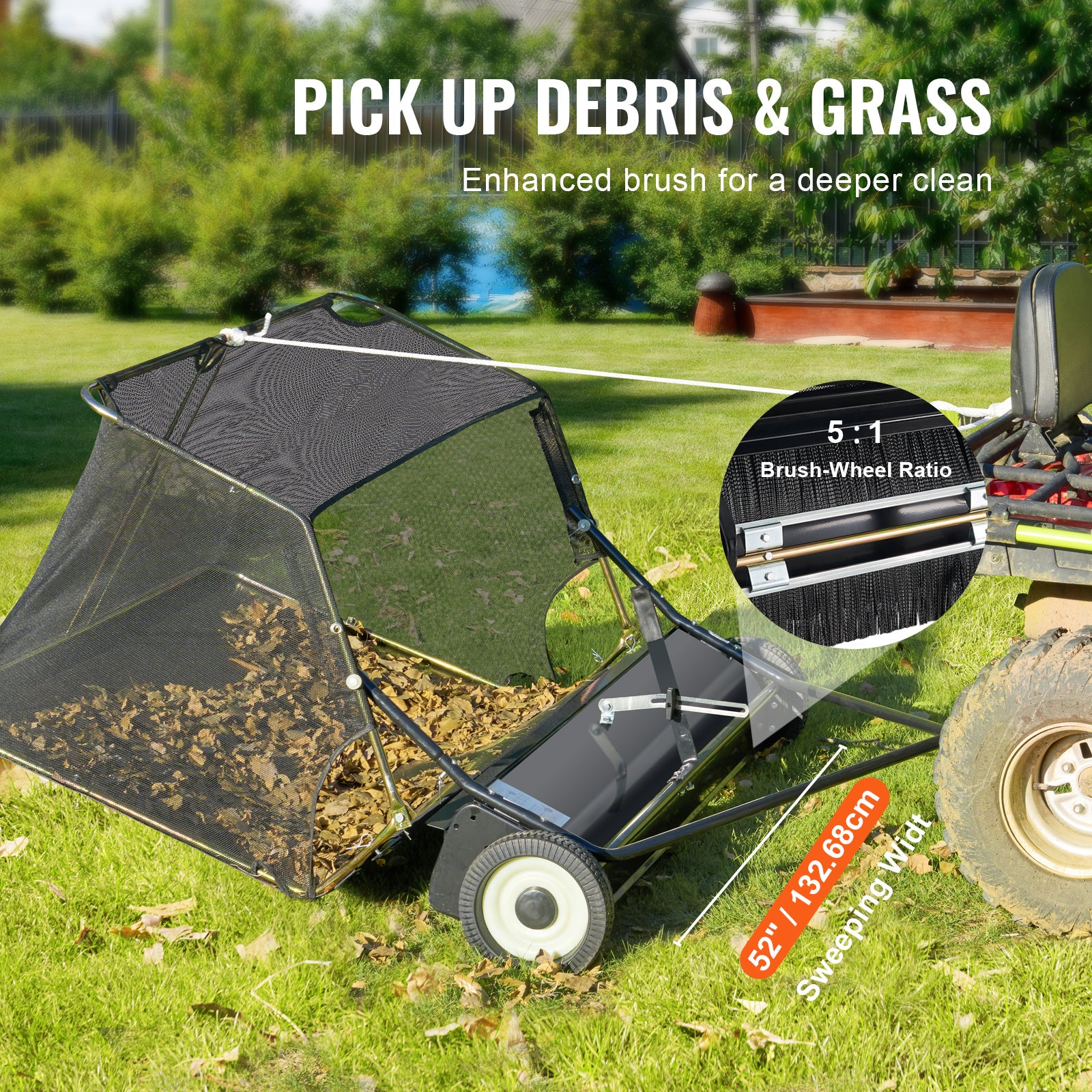 VEVOR Push Lawn Sweeper, 21-inch Leaf & Grass Collector, Strong Rubber Wheels & Heavy Duty Thickened Steel Durable to Use with Large Capacity 3.5 cu. ft. Mesh Collection Bag, 2 Spinning Brushes