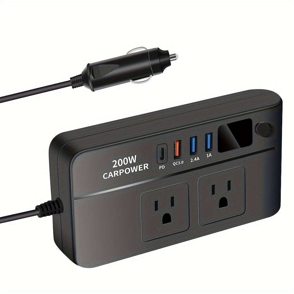 1pc 200W Car Inverter DC 12V to 110V AC Power Inverters for Vehicles with PD 20W USB-C, Dual USB Ports And QC3.0 Fast Charging Ports Car Charger Adapter And with Cigarette Lighter Hole