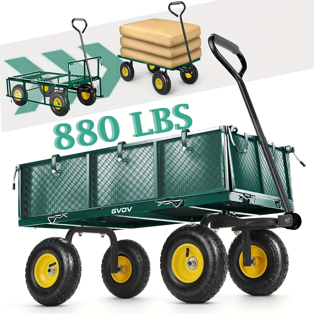 GVDV 800LBS Heavy Duty Garden Cart with Liner, 3 Cu Ft, 10" All-Terrain Wheels, 180° Rotating Handle, Durable Utility Cart for Yard Work, Hauling, And Outdoor Use, Foldable Garden Wagon,