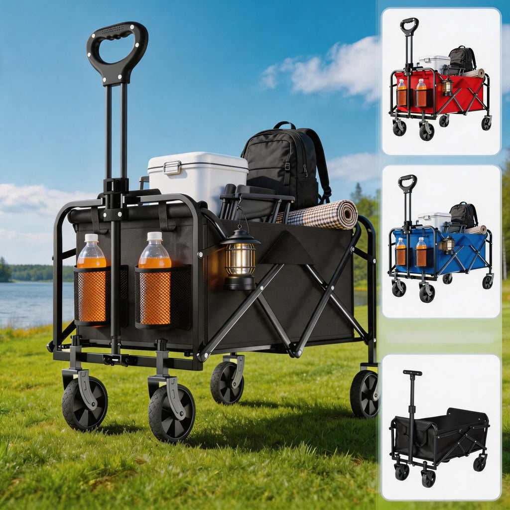 Collapsible Wagon Cart, 550/450/330/220LBS Heavy Duty Folding Utility Wagon with Cup Holders, All-Terrain Wheels Portable Foldable Shopping Cart for Camping Beach Garden Grocery