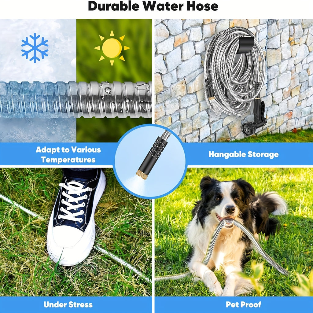 Flexible Metal Garden Hose Featuring a 10-Function Nozzle, Designed to Be Kink-Free, Lightweight, Durable, And Resistant to Crushing, with Easy Coiling And Puncture-Proof Capabilities, Ideal for Yards And Rvs
