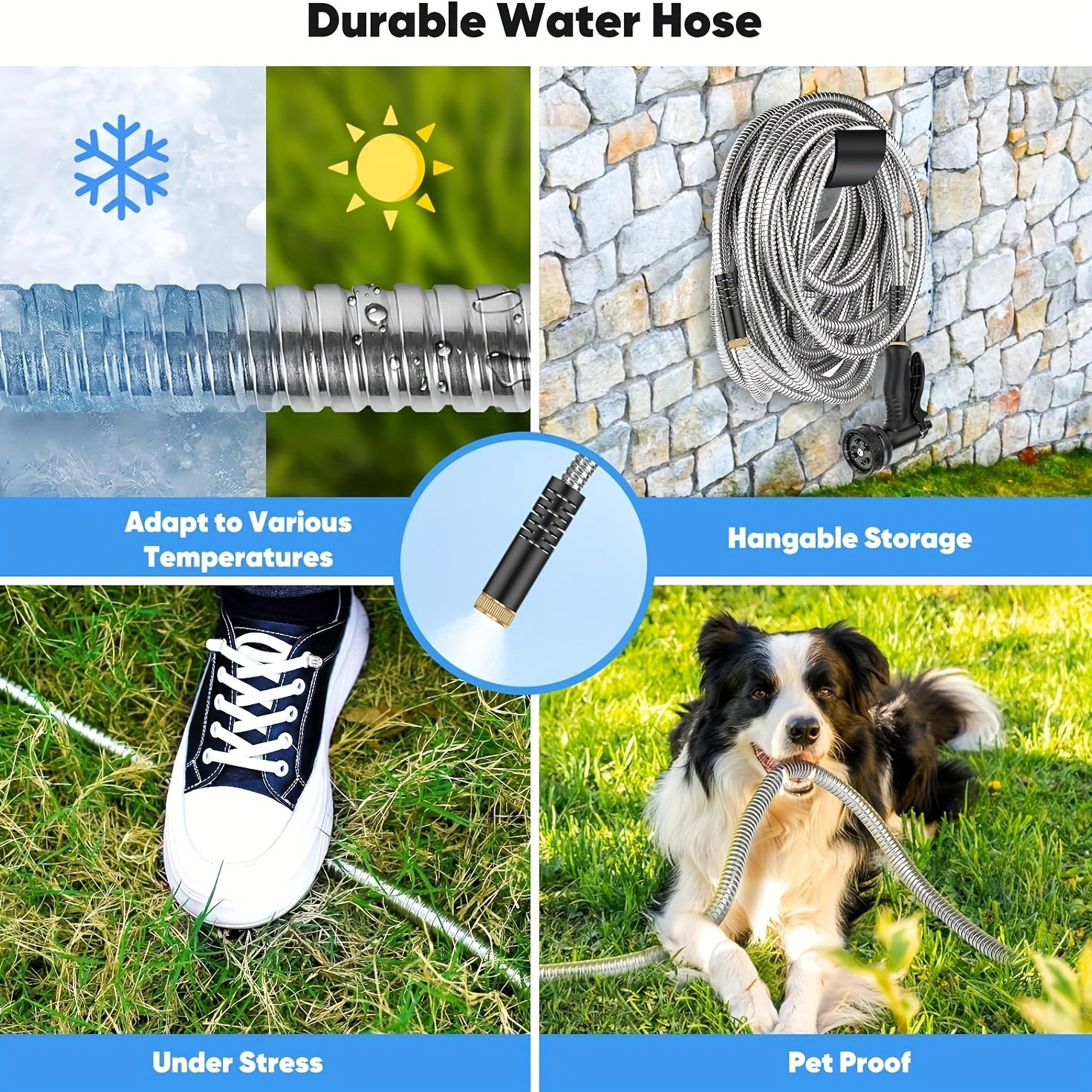 Flexible Metal Garden Hose Featuring a 10-Function Nozzle, Designed to Be Kink-Free, Lightweight, Durable, And Resistant to Crushing, with Easy Coiling And Puncture-Proof Capabilities, Ideal for Yards And Rvs
