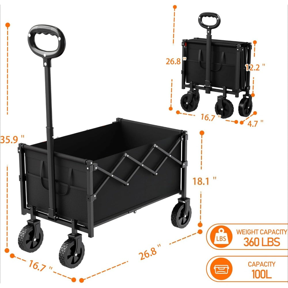 360LBS Heavy-Duty Wagons Carts Foldable Collapsible Wagon Cart with Wheels and Tailgate, Folding Utility Wagon Carts for Groceries, Outdoor Camping, Shopping, Beach, Garden