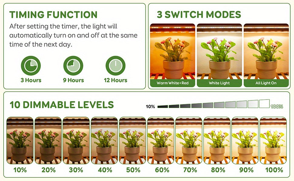 4 Bars 13" Grow Lights for Indoor Plants, 192 Leds Full Spectrum Plant Grow Light Strips with Auto On/Off Timer 3/9/12H, 10 Brightness, 3 Switch Modes Sunlike Growing Lamps for Hydroponics Succulent