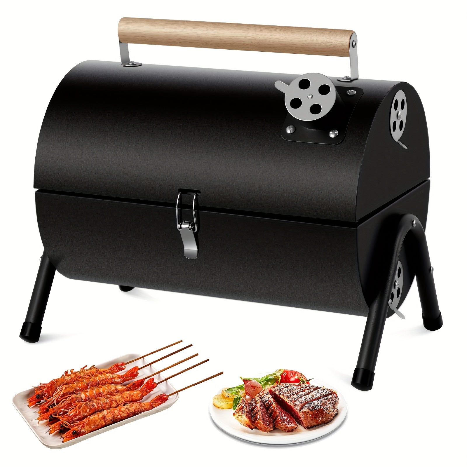 1pc Compact Portable Barrel Charcoal BBQ Grill with Double-Sided Griddle, Foldable Outdoor Smoker Grill for Camping, Cooking, Picnic & Backyard BBQ, Black, Father's Day Gift for Dad, BBQ Gifts for Men