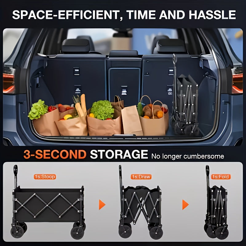 Large-capacity Heavy-duty All-terrain Folding Cart - Stainless Steel Frame And 600D Oxford Fabric, Foldable Multifunctional Wagon, Suitable for Camping, Gardening, Beach, Shopping No Assembly Required, Black, Garden Tool Holder, Sturdy Handle Design