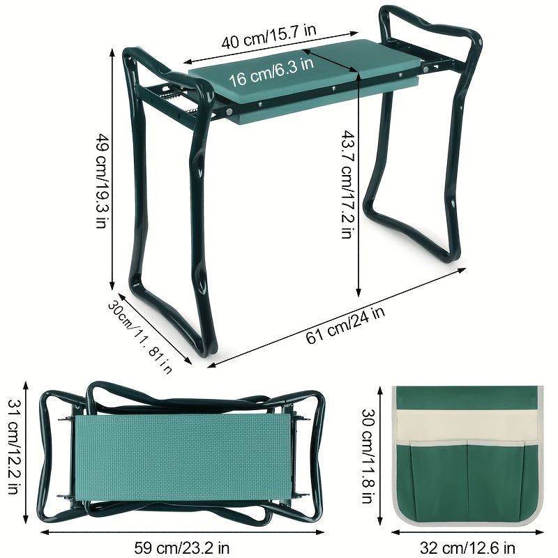 2-In-1 Green Metal Gardening Kneeling Stool Seat Set - Heavy Duty Gardening Kneeling And Sitting Dual Purpose Stool, Foldable Garden Bench with Tool Bag, Thick Knee Pads And Stable Armrests to Relieve Knee Pain, Ideal Gift for Gardeners