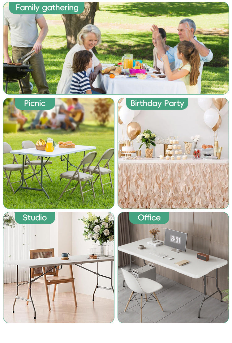【 4FT/5FT/6FT 】 Folding table with handle and safety lock, easy to set up, with a weight carrying capacity of 330 pounds, suitable for camping, picnicking, parties, and indoor activities, white