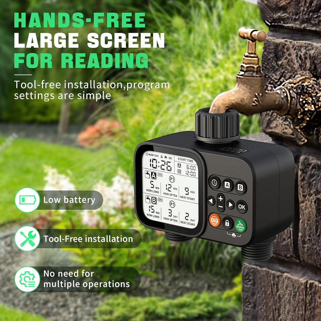 Garden Hose Watering Timer - Water Timer with 2 Outlets - Rain Delay/Manual Watering/Automatic Irrigation Control System Hose Timer for Plants, Gardens, Lawns and Outdoors Programmable Faucet Timer