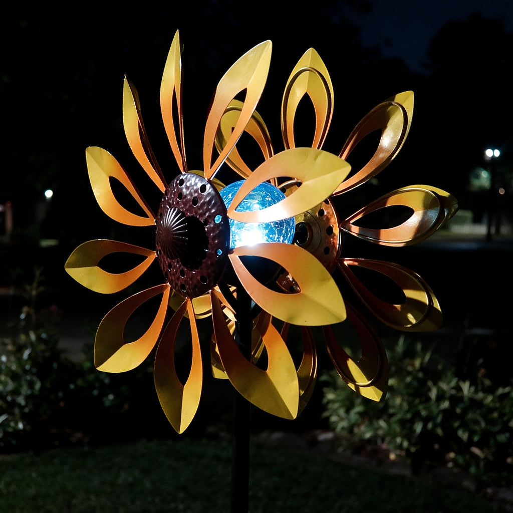 Outdoor Patio Landscape Decor, Solar Powered Metal Sunflower Wind Spinner with Night Glow Light, Collects Sun Energy During The Day And Shines After Dark, Weatherproof Kinetic Rotation Design for Garden Yard Lawn Decorative Ornament