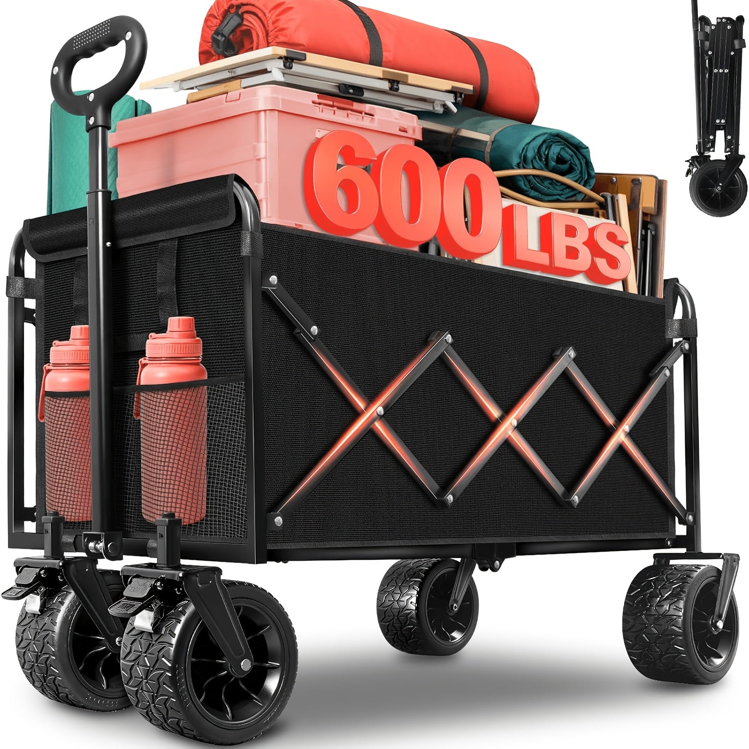 280/450//500/660LBS, All Terrain Heavy Duty Folding Cart, Large Capacity Camper Suitable For Yard Shopping/ Sports/ Outdoor/ Gardening Equipment Handling, Black Multifunctional Utility Car
