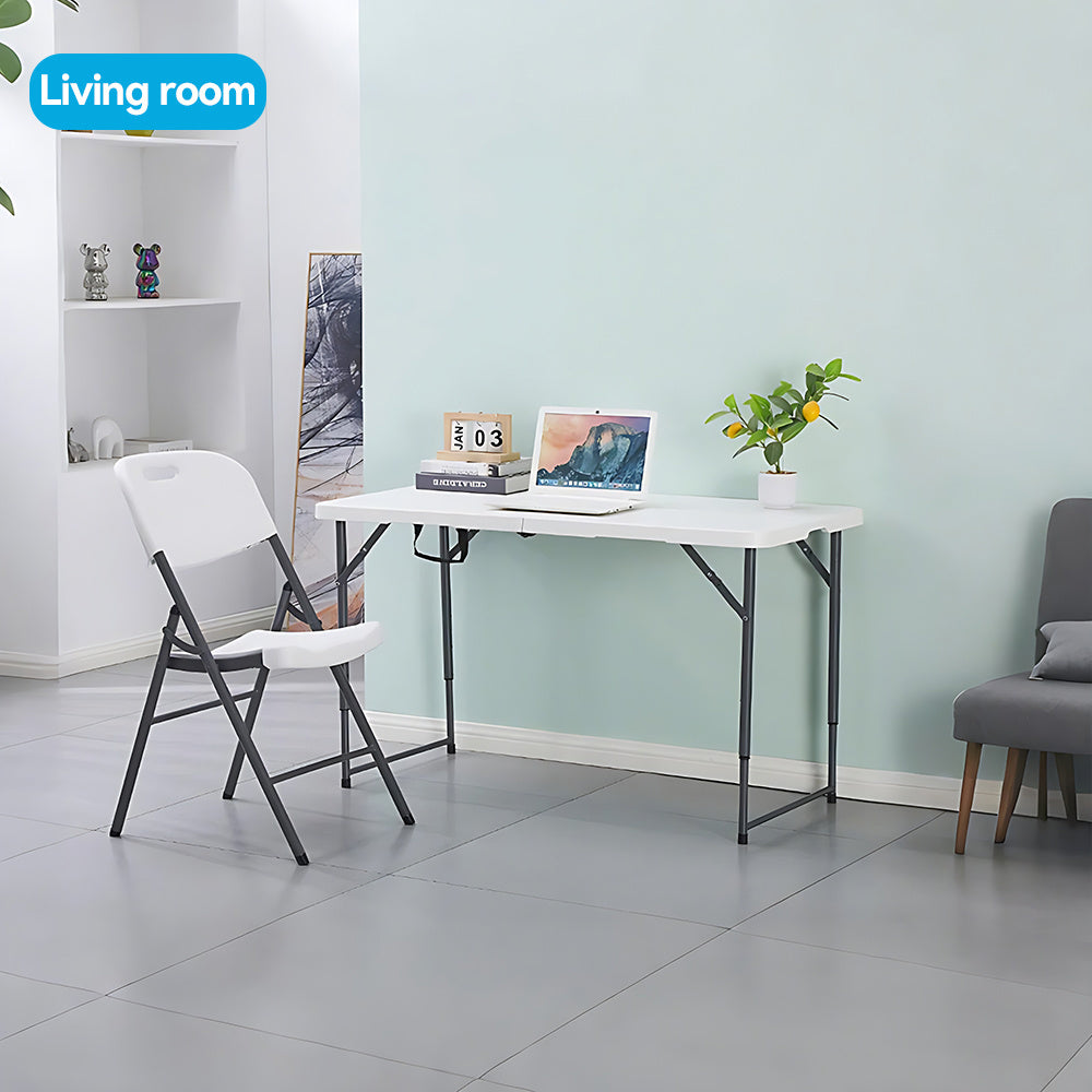 【 4FT/5FT/6FT 】 Folding table with handle and safety lock, easy to set up, with a weight carrying capacity of 330 pounds, suitable for camping, picnicking, parties, and indoor activities, white