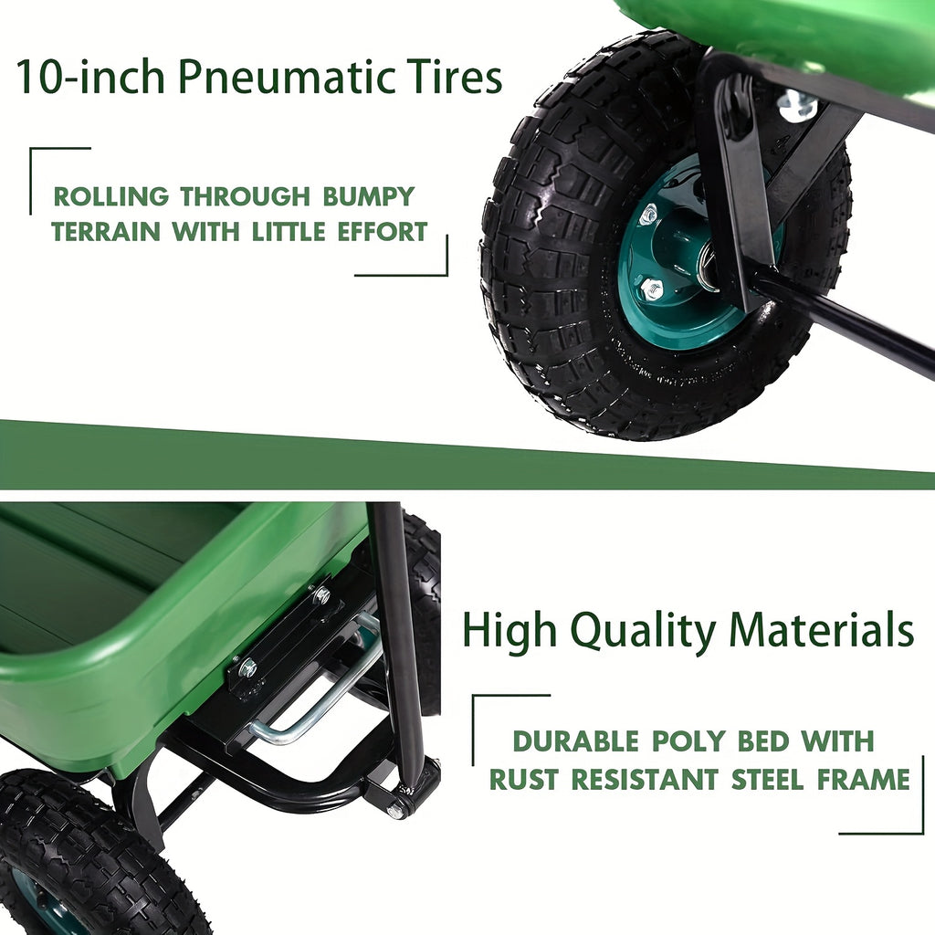 [Heavy-Duty Garden Cart] Heavy-Duty Steel Frame Garden Cart Yard Wagon | 220 Lb. Capacity, Quick-Release Dump Mechanism, All-Terrain 10" Pneumatic Tires - Green, Durable Plastic Body - for Lawn, Farm, Construction