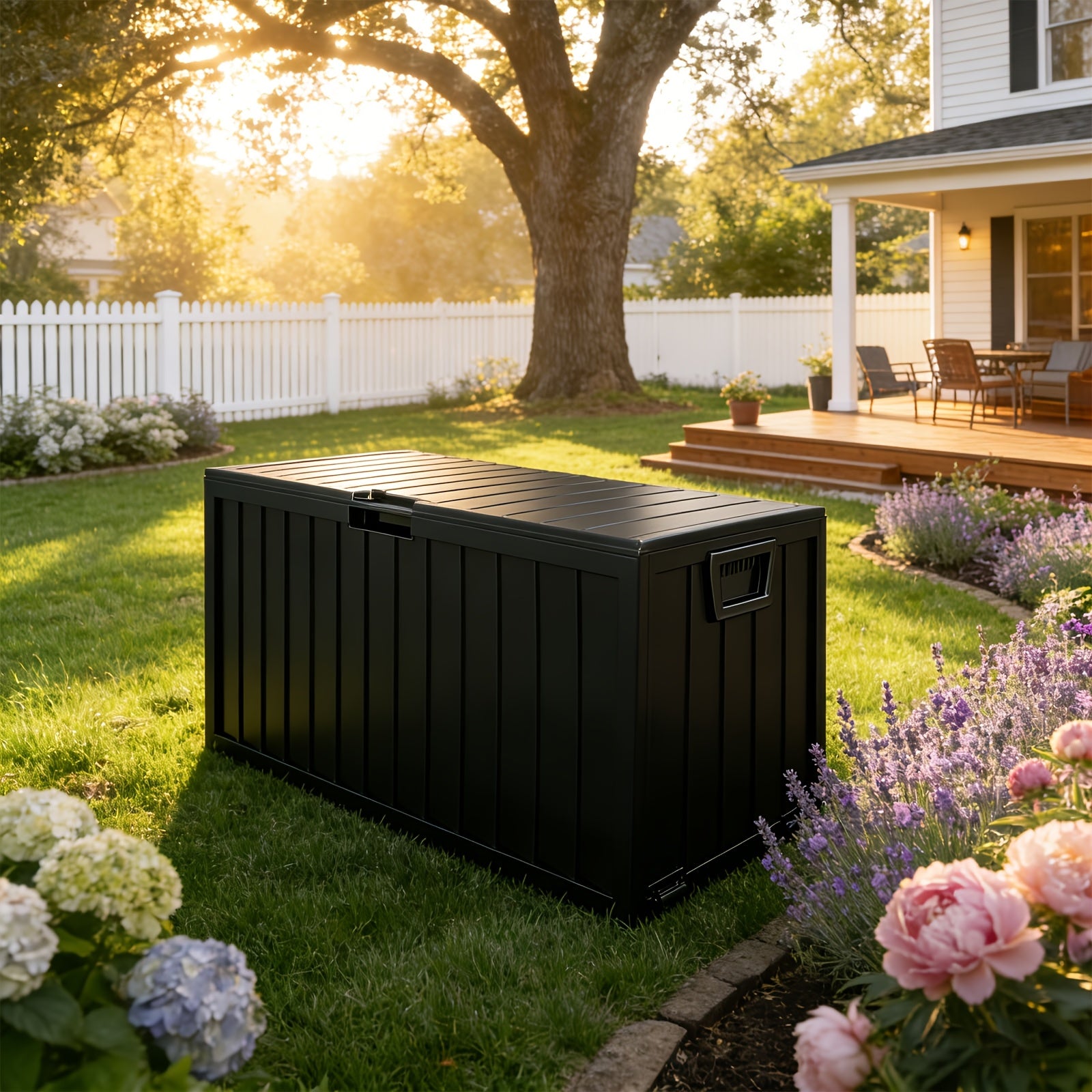 75 Gallon Waterproof Outdoor Storage Box with Handles And Wheels, Lockable Deck Box for Pool Accessories Patio Decor Garden Tools Camping Gear Holiday Gift, Easy to Assemble, Outside Cabinet Rack Toy Organization Containers, Box,Cabinet,Rack