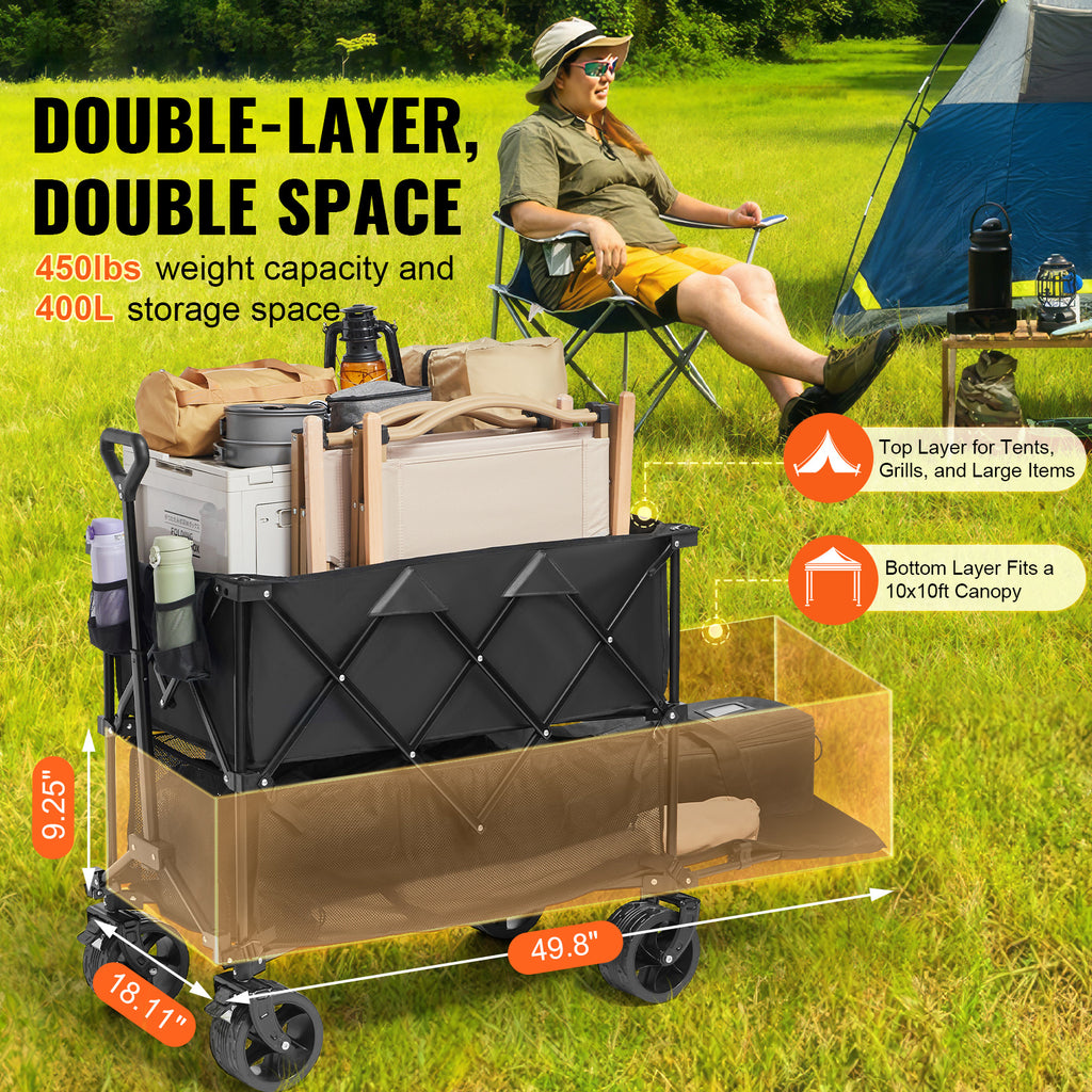 VEVOR 400L Large Collapsible Double Decker Wagon Cart, 50in-Long Extended Heavy Duty Beach Wagon with Big Wheels for Sand, 450lbs Capactiy Folding Wagon for Sports Grocery Camping Garden
