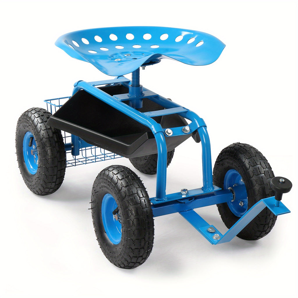 Garden Seat Cart 35.04*29.13*23.62inch, Black, Iron, with Backrest and Seat Cushion, Telescopic Handle, for Courtyard, Outdoor, Easy Planting, Gardening Tools, Garden
