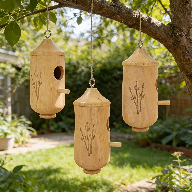 3pcs Natural Wood Hummingbird House & Bird Feeder - Rustic Outdoor Garden Nest Suitable for Hanging, Bird Shelter with Feeder, Wood for, Balcony, Garden Decor - Gift for Bird Lovers