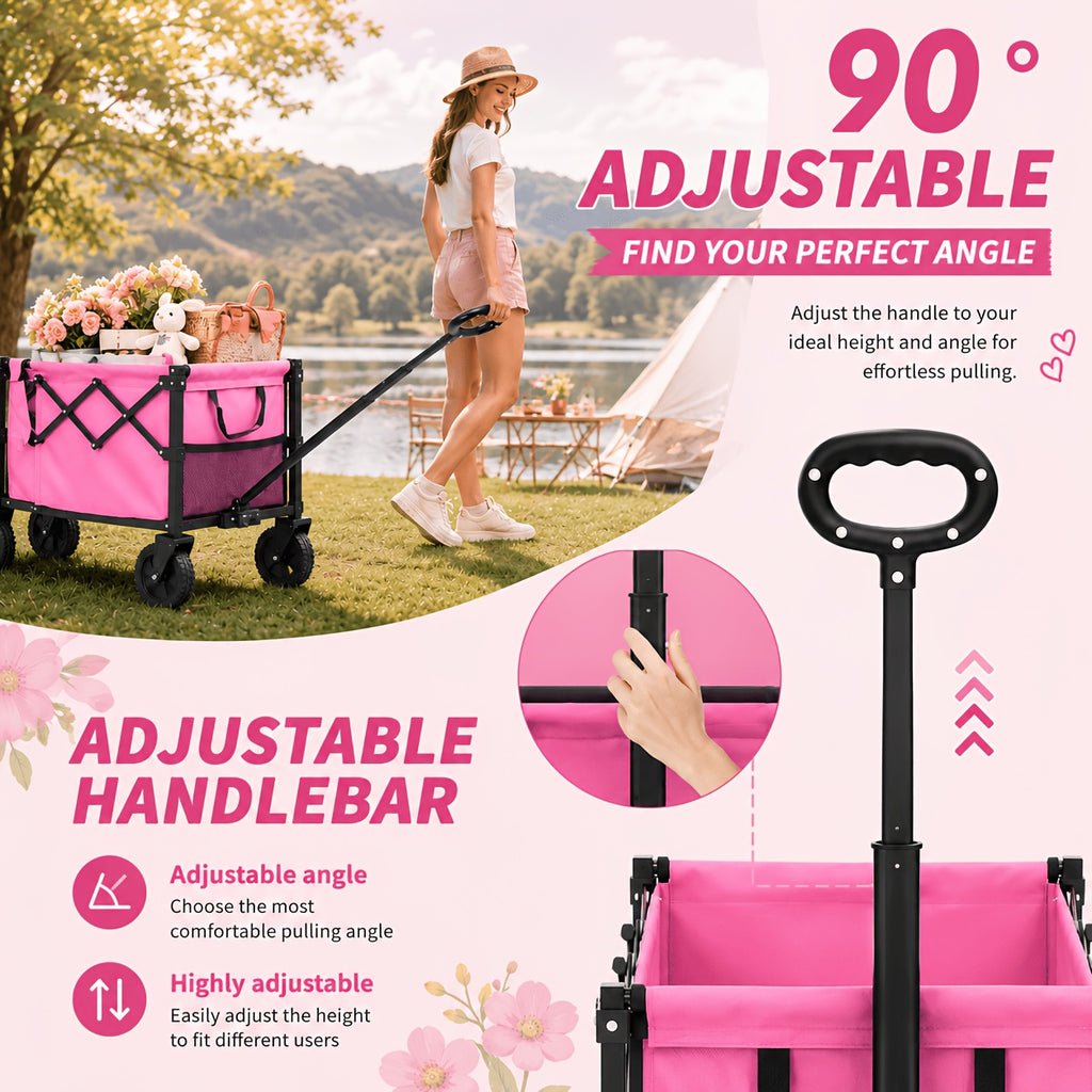 Pink Foldable Wagon Cart, Heavy Duty Collapsible Utility Wagon with Adjustable Handle & All-Terrain Wheels, Perfect for Camping, Picnic, Beach Days, Shopping And Outdoor Activities