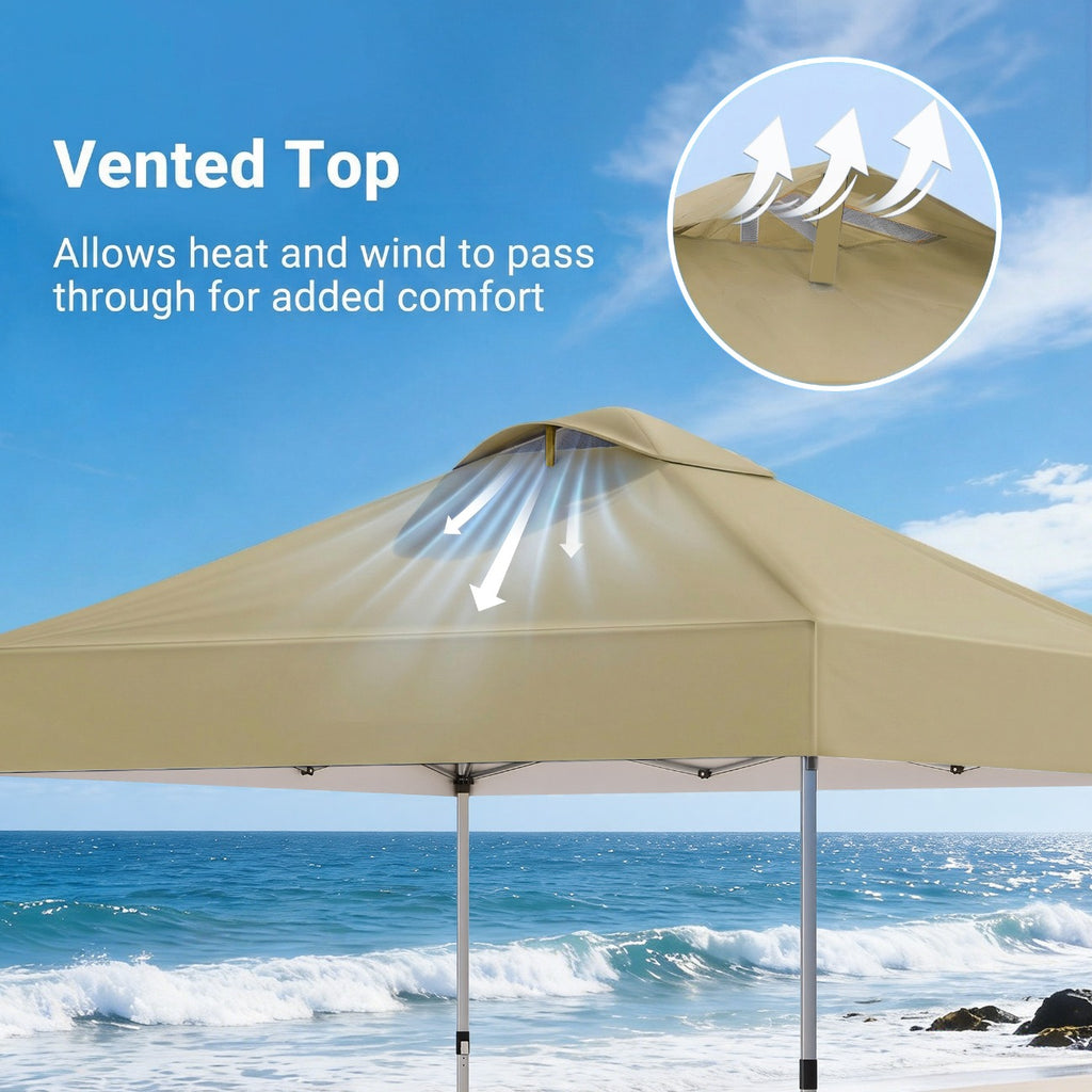 A 10X10Ft Gazebo That Is a Portable Outdoor Shelter Featuring One-Step Assembly, Adjustable Height, And Comes with a Storage Bag, Eight Ground Pegs, And Four Sandbags. It Has an Easy-To-Install Canopy, Making It Ideal for Beach Trips, Camping