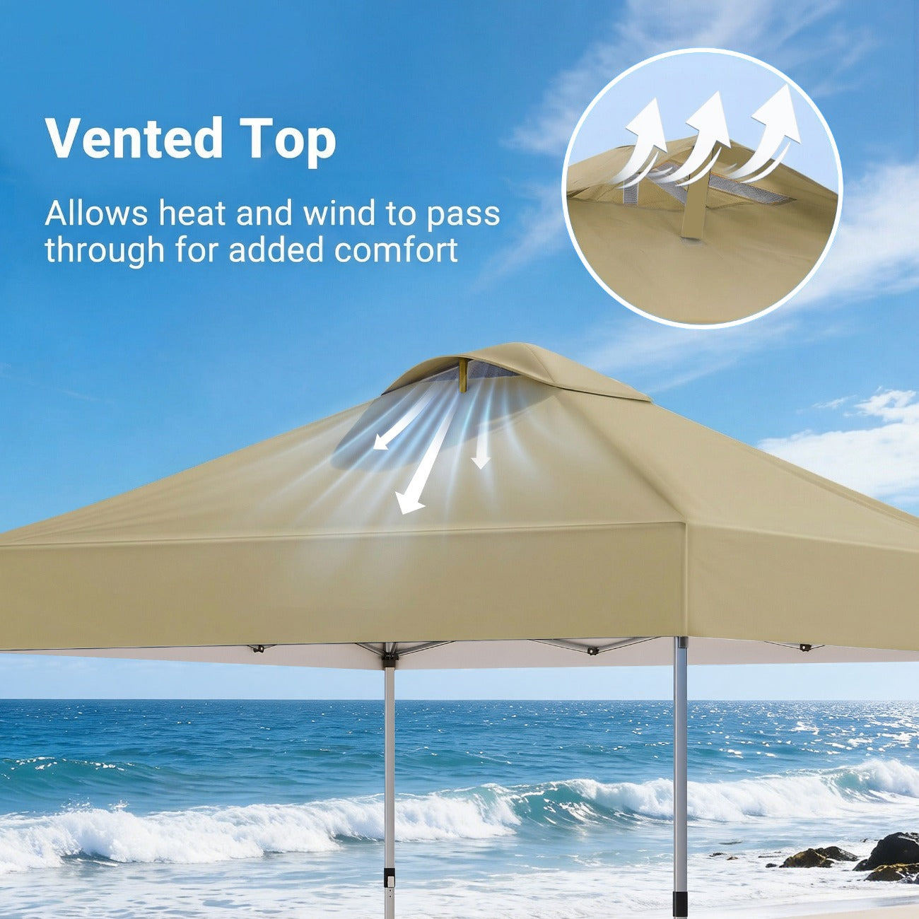 A 10X10Ft Gazebo That Is a Portable Outdoor Shelter Featuring One-Step Assembly, Adjustable Height, And Comes with a Storage Bag, Eight Ground Pegs, And Four Sandbags. It Has an Easy-To-Install Canopy, Making It Ideal for Beach Trips, Camping