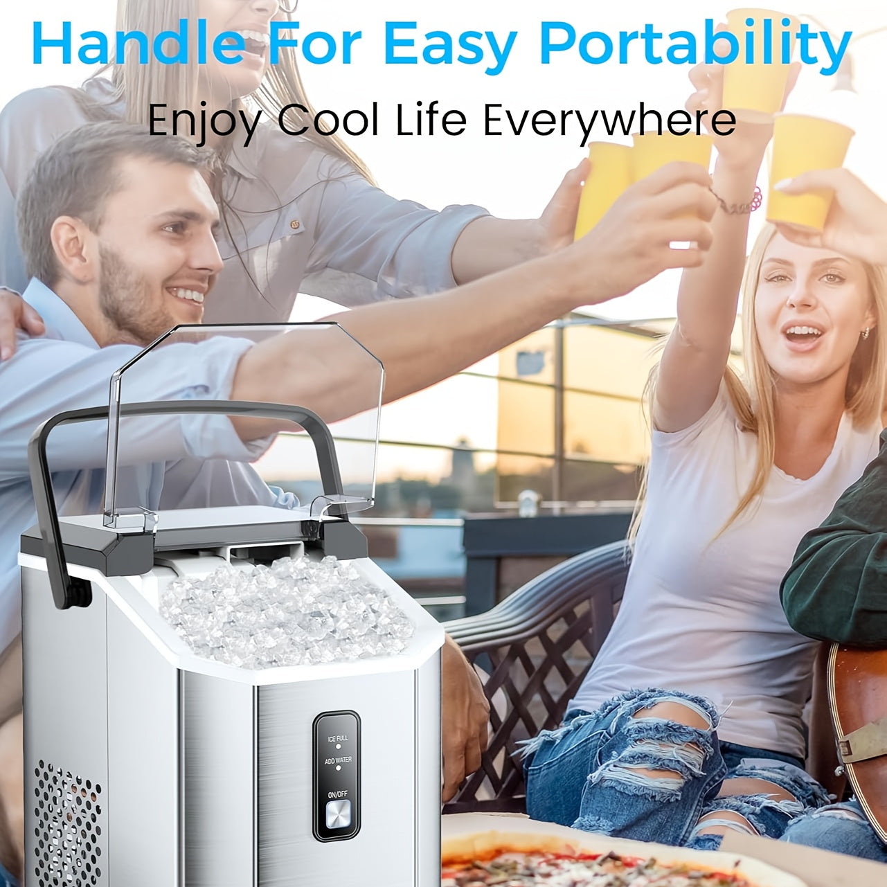 Nugget Stainless Steel Ice Maker, 35 Lbs/Day, Portable Ice Maker with Handle, Countertop Ice Maker with Self-Cleaning Function, Ice Scoop and Basket, Practical Gift, Mother's Day Gift, Silvery