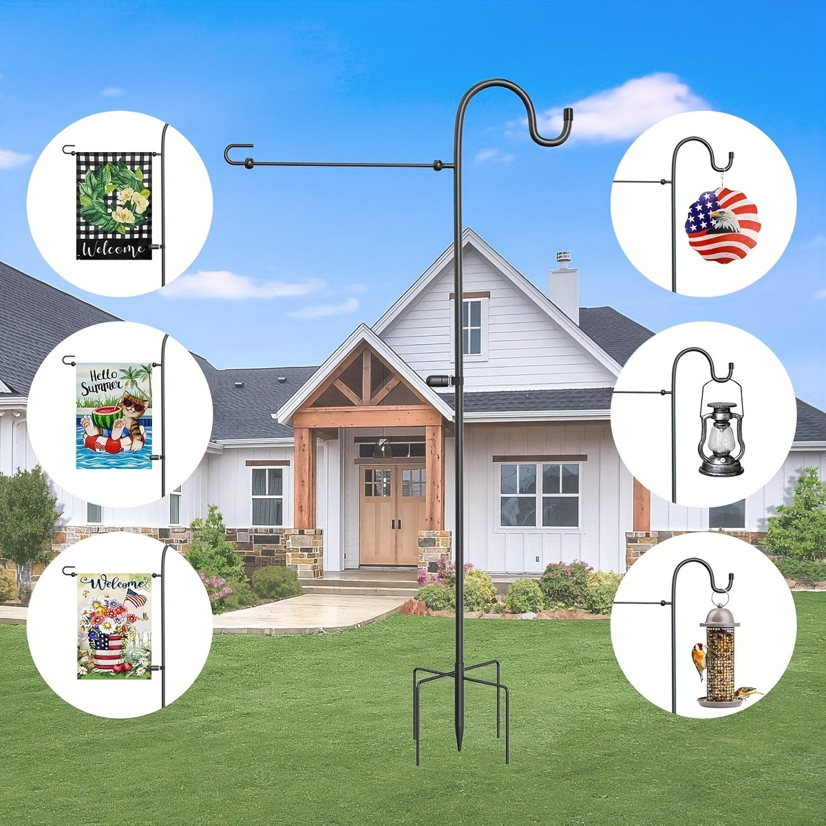 Garden Flag Holder Stand And Shepherds Hooks, 48 Inch Height with 1/2 Thick Metal Pole-Outdoor Lawn Yard Stake for Small, Garden Flag Stand for Outside, Garden Flag Pole Clips, Garden Flag Pole, Garden Decoration, Outdoor Decor, Sturdy Design