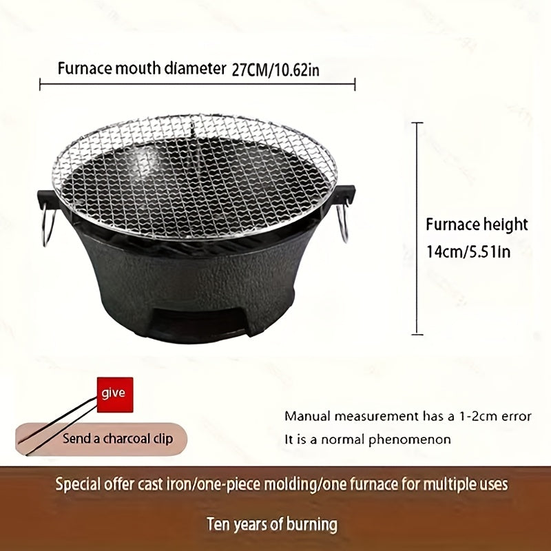 1pc Round Outdoor Cast Iron Durable Portable Grill, Charcoal BBQ Pizza Grill, Wooden Board with Stainless Steel Mesh Tray for Tea Cooking, BBQ Portable, Non-Flammable Suitable for Outdoor Camping, Family BBQ Cup