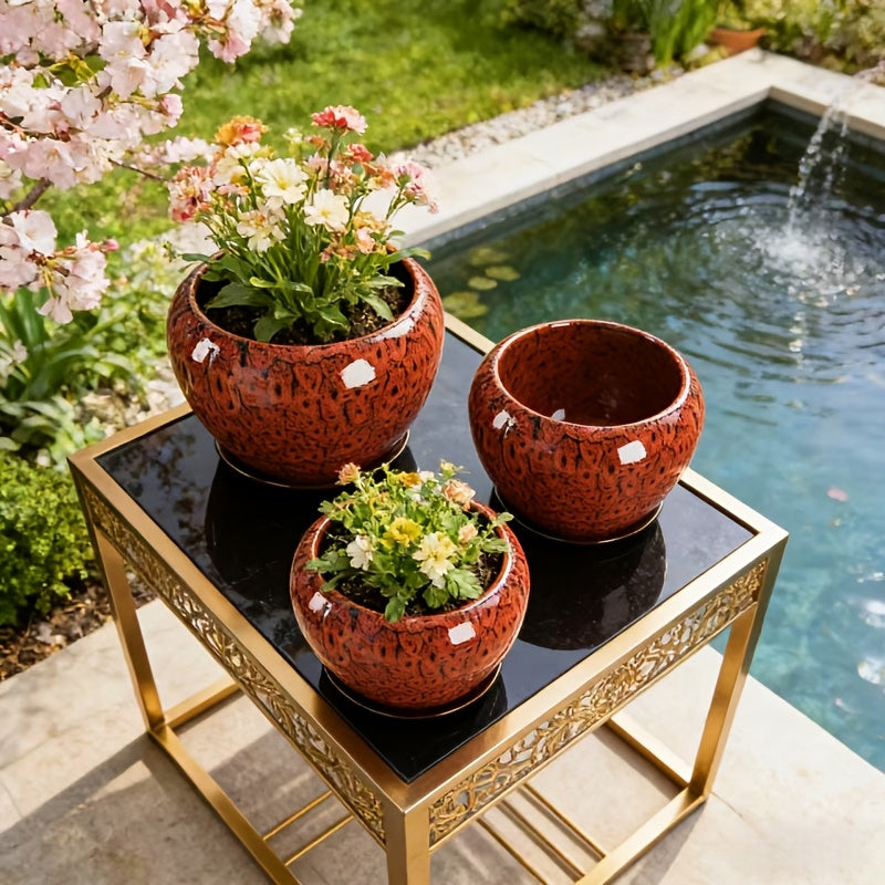 2026 Spring New Arrival Plant Pots, 3pcs Set Red Glazed High-Temperature Ceramic Flower Pots with Drainage Holes And Saucers, High-End Desktop Landscape Plant Containers for Home Windowsills And Courtyards
