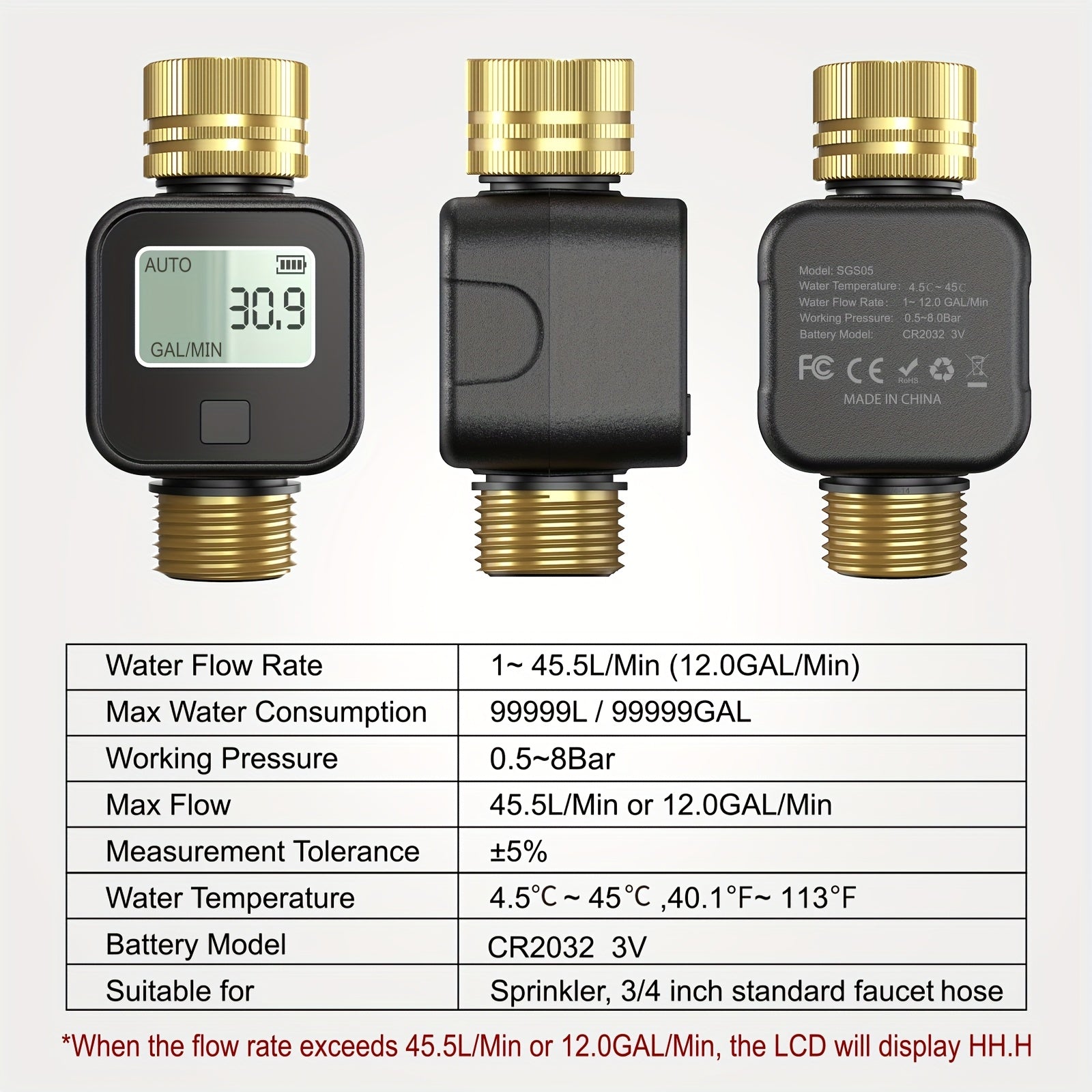 INSOMA Water Flow Meter with Brass Inlet And Outlet Metal Thread, IP55, Measure Gallon/Liter Consumption And Flow Rate for RV Water Tank Filling