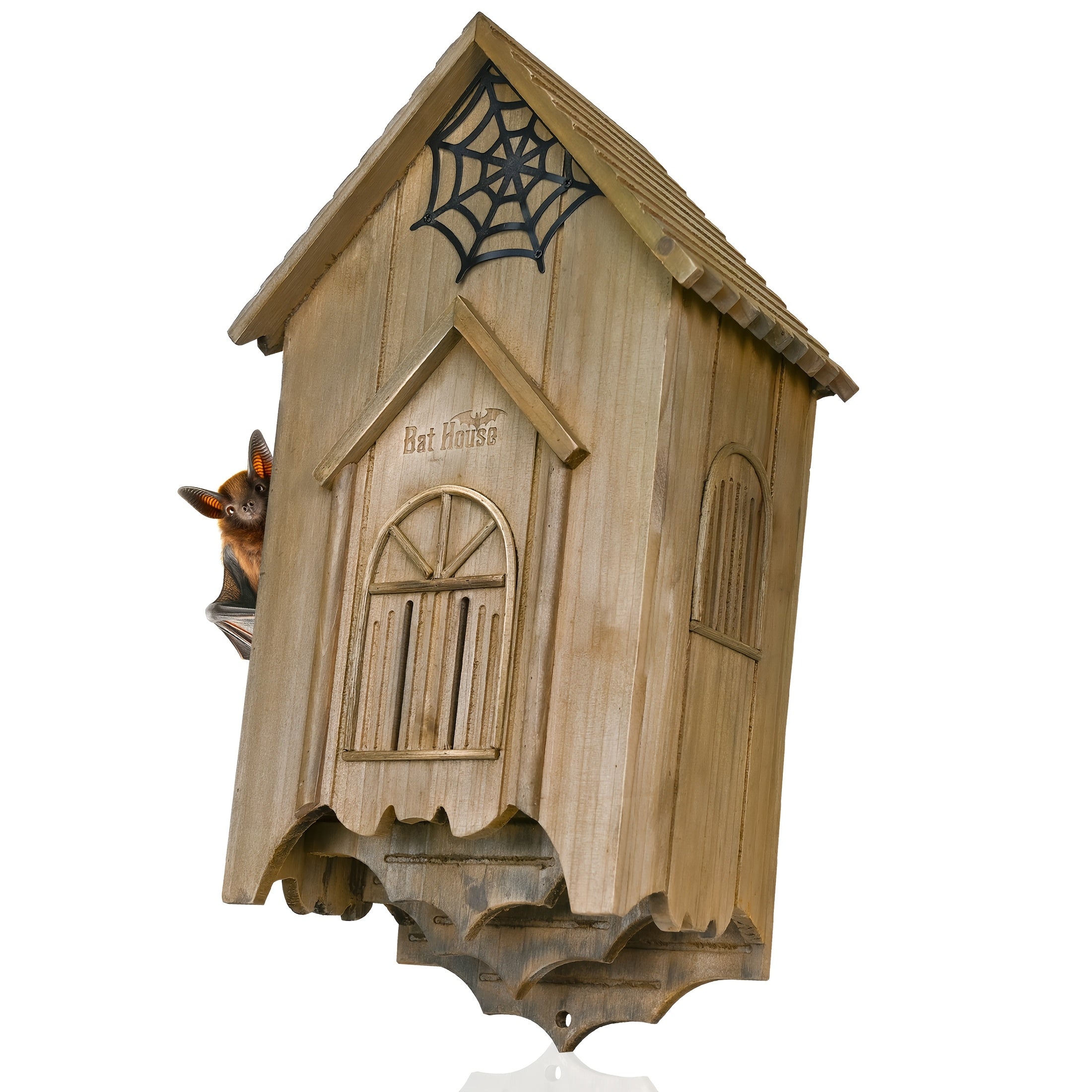 A Wooden Bat House Designed Like a Castle, Featuring a Gatehouse, Tower, And Curtain Wall. This Spacious Bat Box Has 2/3 Chambers for Ventilation, Making It Perfect for Attracting Bats Outdoors And Is Easy to Install