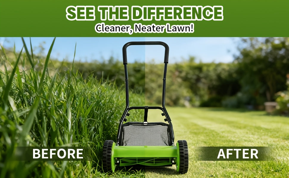 Durable Steel Construction, Precision-cut for Perfect Stripes, 12-inch 5-blade Manual Reel Push Mower, High-strength Steel Blades, Grass Catcher, Ergonomic U-shaped Handle, Dual-wheel Design. No Electricity Required, Suitable for Residential