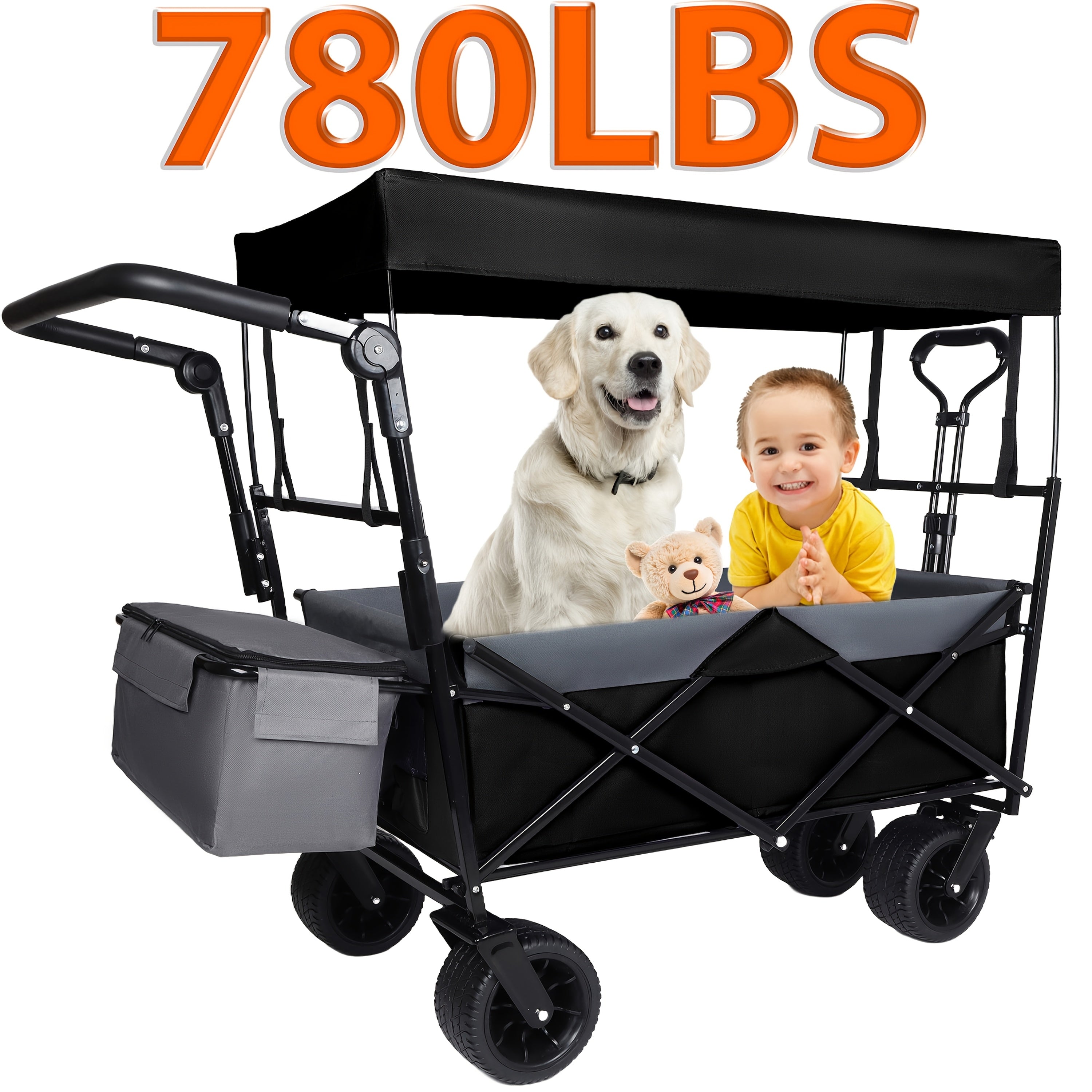 With Push Handle, 780Lbs Collapsible Wagon With Canopy, Wagon Cart With 7" All-Terrain Wheels, Lightweight Foldable Wagon, Large Capacity For Camping, Shopping, Sports, And Garden Use