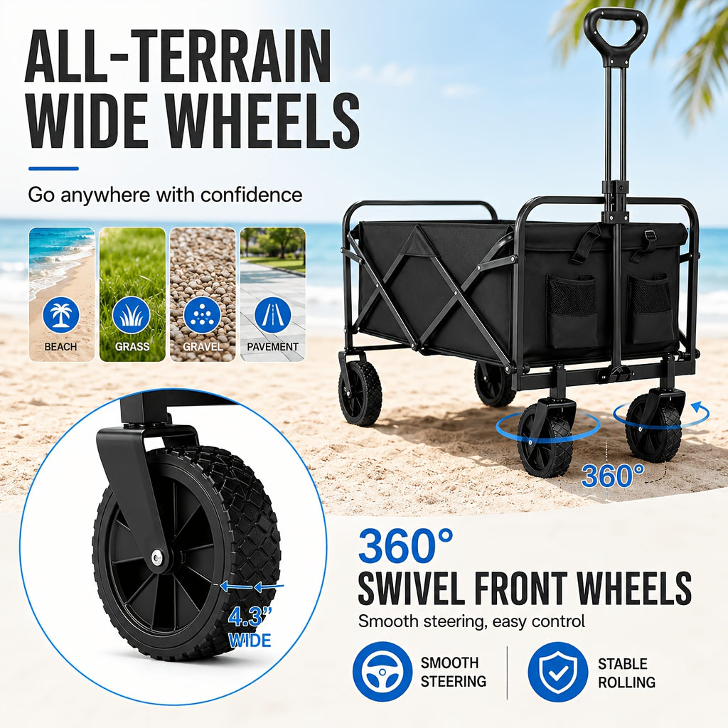 Heavy-Duty Foldable Beach Buggy, Large-Capacity Portable Folding Multi-Purpose Trolley, Equipped with All-Terrain Wide Wheels And Thickened Fabric, Suitable for Outdoor Travel, Fishing, Beach, Camping, Shopping, And Other Activities