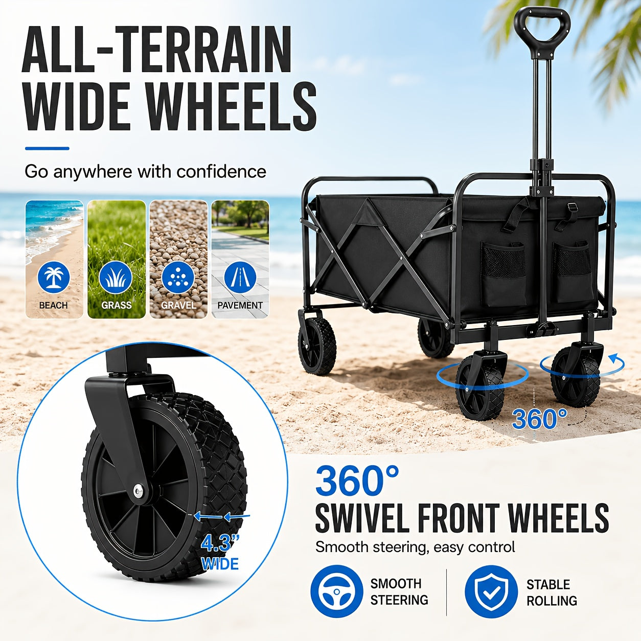 Heavy-Duty Foldable Beach Buggy, Large-Capacity Portable Folding Multi-Purpose Trolley, Equipped with All-Terrain Wide Wheels And Thickened Fabric, Suitable for Outdoor Travel, Fishing, Beach, Camping, Shopping, And Other Activities